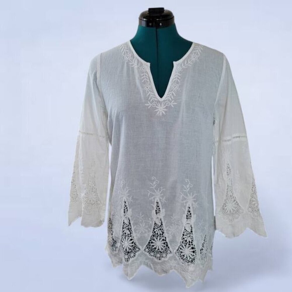 Joie Kaftan Inspired Blouse with Crochet Lace Trim‎ - Size Large